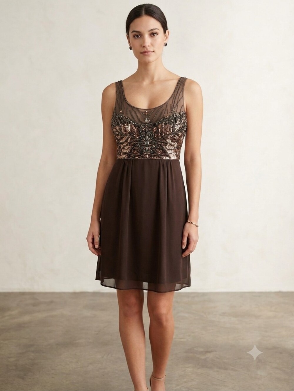 Sue Wong Nocturne Chocolate Brown Beaded Sequin Cocktail Dress Size 10